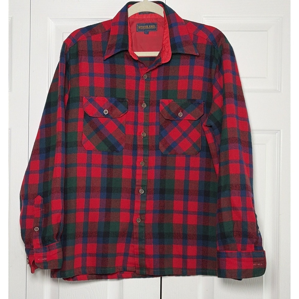 Woodland Vintage Plaid Flannel Button Down Mens Size L Red Green Long Sleeve